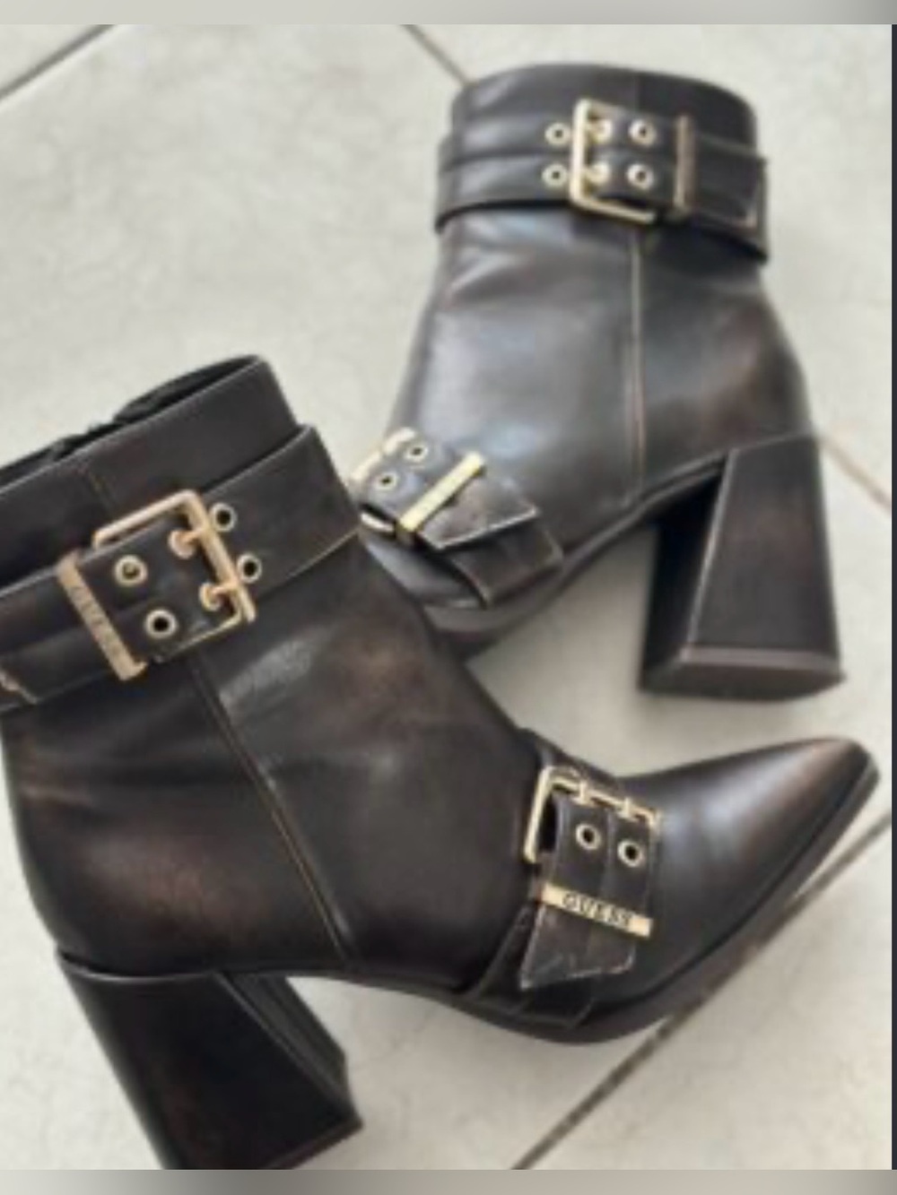 Guess Dark Brown Distressed Look Buckle Ankle Boots Size 8